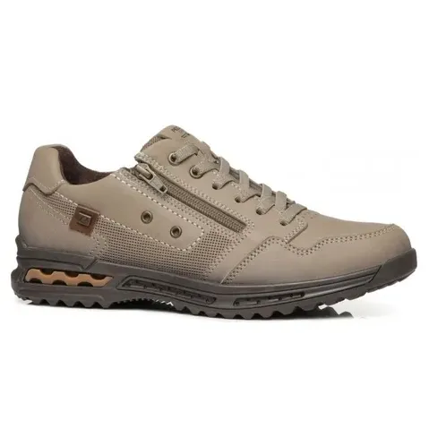 Tênis casual masculino Pegada cor bege com detalhes conhaque, vista lateral direita, fundo branco
